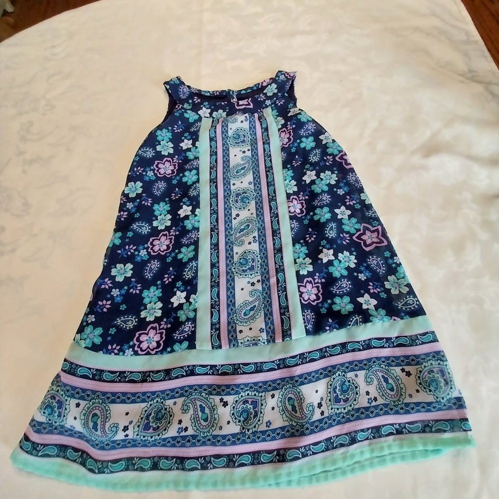 Girls lined sleeveless paisley blue dress xs (4-5)